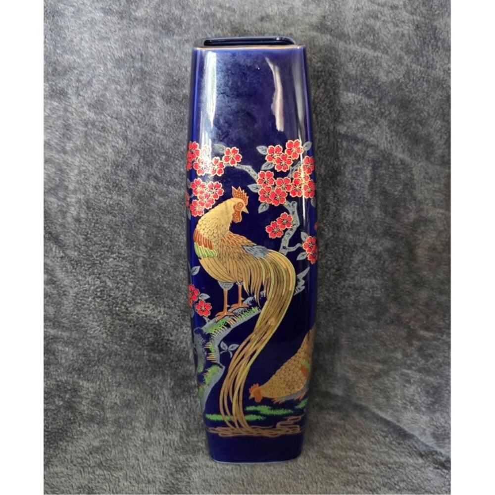 Vtg Cobalt Blue Japanese Porcelain Vase Rooster Cherry Pheasants Flowers